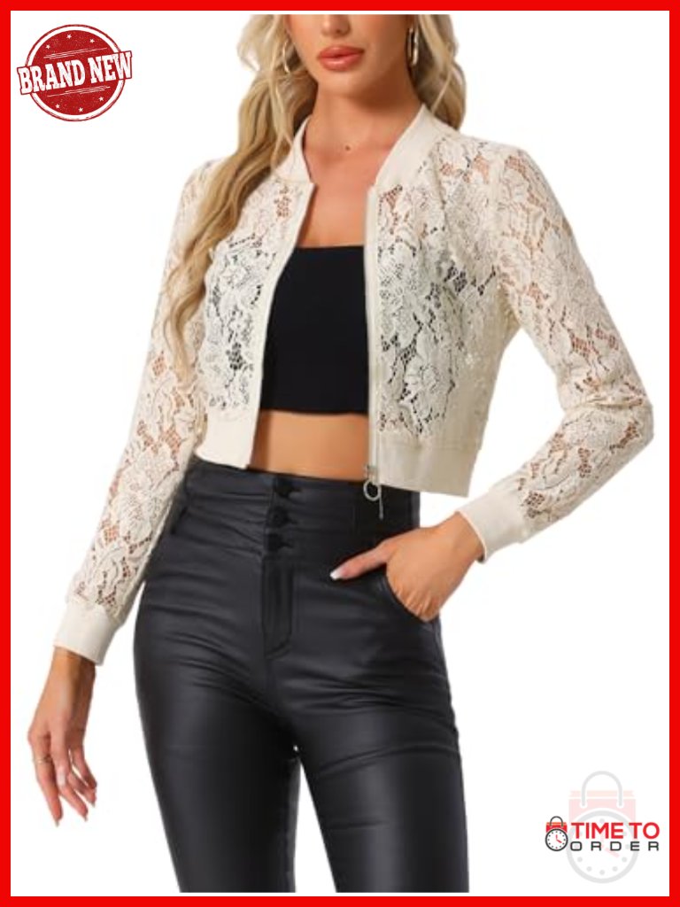 Sheer Lace Gothic Crop Jacket Stand Collar Zip Up